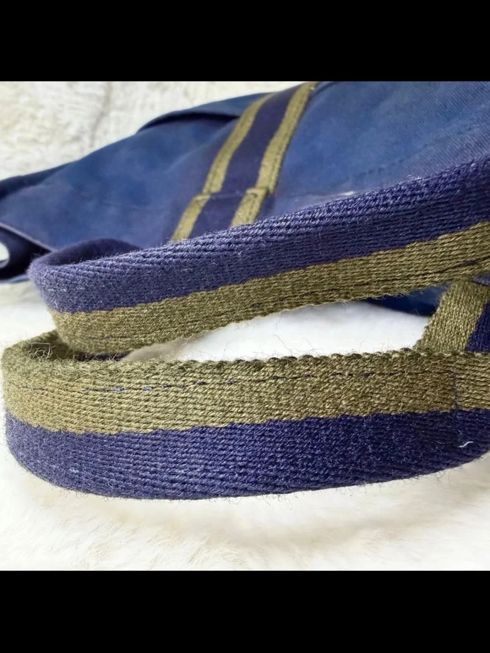 Hermes Navy Canvas Tote with Olive-Trim Straps